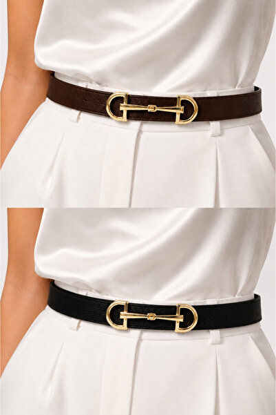 kemer krallığı Women's Belt Set of 2 Brown & Black Imperio Gold D Buckle Wais...