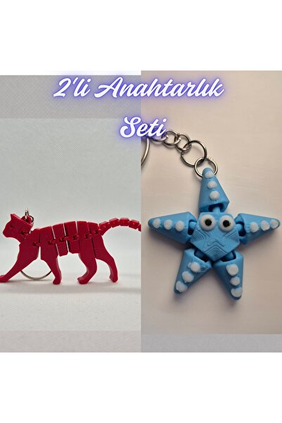 3DAtölyeMaker Fire Engine Red Flexible Cat and Light Blue Moving Starfish Key...