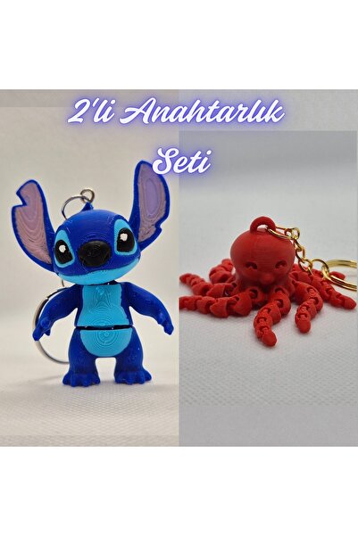 3DAtölyeMaker Blue Flexible Stitch and Pink Octopus Keychain