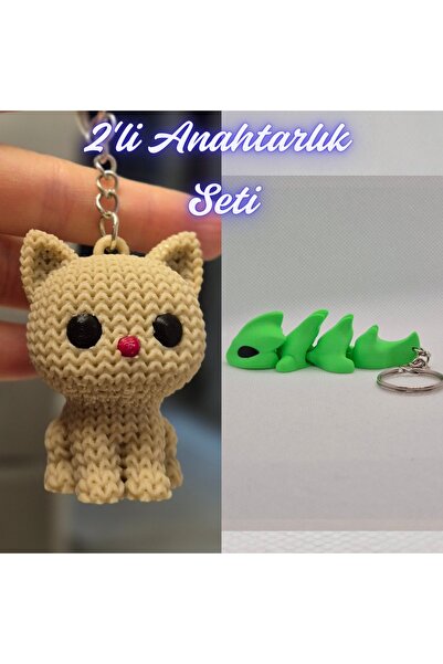 3DAtölyeMaker Cream Knitted Patterned Cat and Green Flexible Dragon Keychain