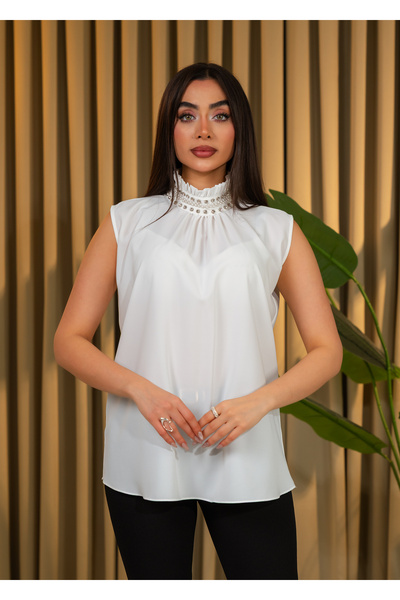 ELAY Fashion Women's White Stone Detailed High Neck Sleeveless Blouse