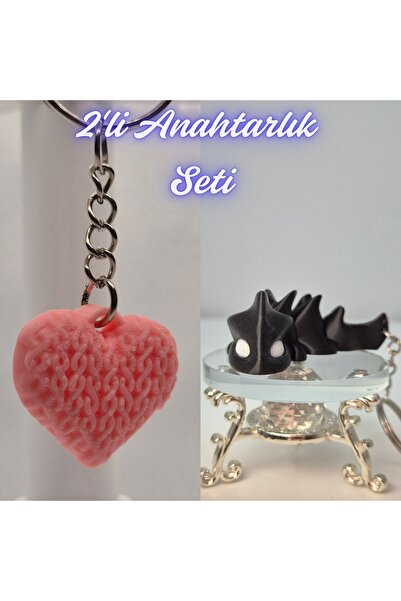 3DAtölyeMaker Light Pink Knitted Patterned Heart and Black Flexible Dragon Ke...