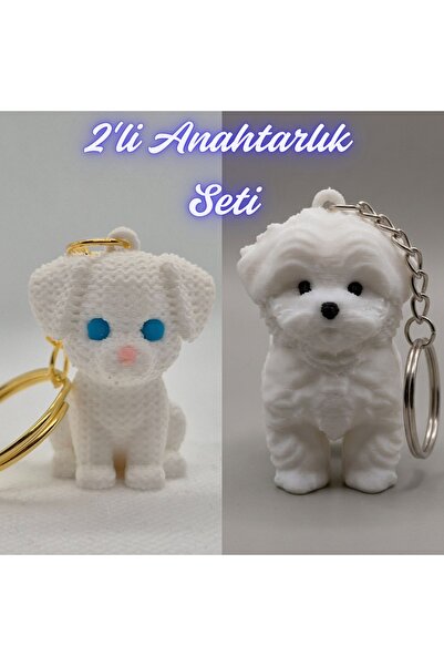 3DAtölyeMaker White Knitted Pattern Dog-2 and White Maltese Terrier Keychain