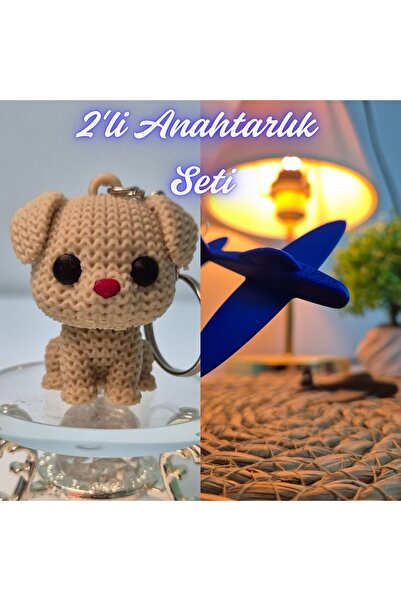 3DAtölyeMaker Cream Knitted Patterned Dog and Blue Airplane Keychain