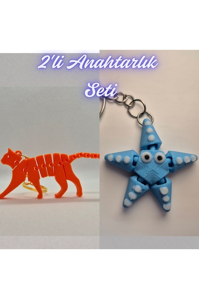 3DAtölyeMaker Orange Flexible Cat and Light Blue Moving Starfish Keychain