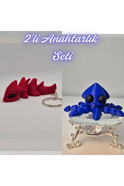 3DAtölyeMaker Fire Department Red Flexible Dragon and Blue Squid Keychain