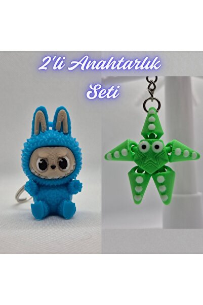 3DAtölyeMaker Light Blue Labubu and Green Moving Starfish Keychain