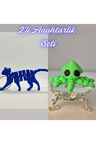 3DAtölyeMaker Blue Flexible Cat and Light Green Squid Keychain