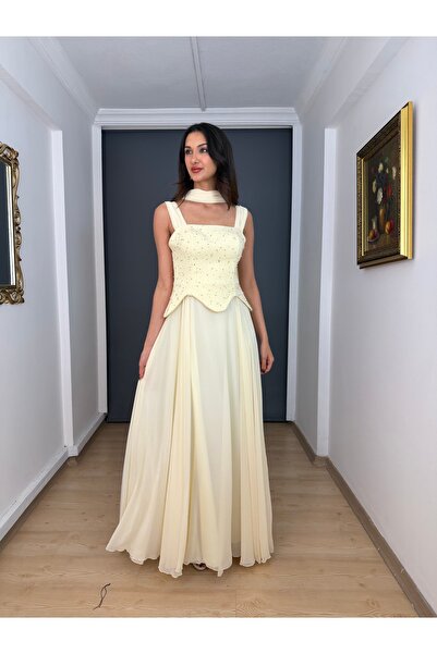 gökkuşagı moda Sarı Askılı Straplez Bel Korsajlı Üst Krep Taşlı Alt Şifon Uzu...