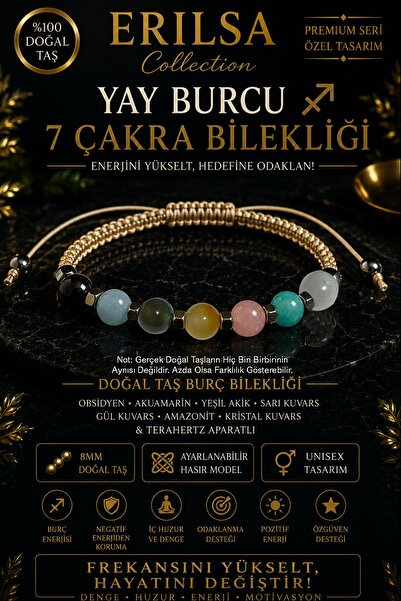 Erilsa Sertifikalı Yay Burcu 7 Çakra Doğal Taş Bileklik - Ayarlamalı Unisex L...