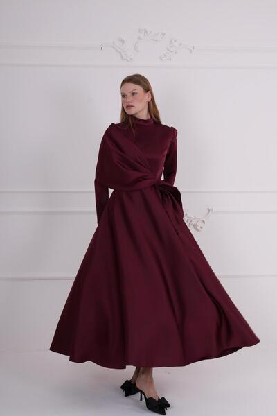 TUMEL DESİGN Alice Bordo Drape Detaylı Dik Yaka Tesettür Abiye Elbise