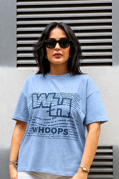 Merci Women's Blue Oversize Printed Cotton Crew Neck T-Shirt