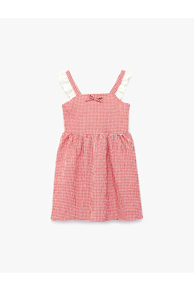 Koton Square Neck Lace Strap A-Line Gingham Dress with Bow