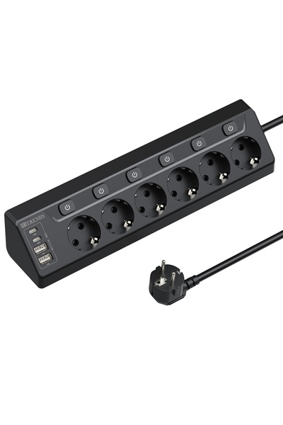 Choice EU 6AC black 6 way European mulit plug Power Strip with 2 USB 2 Type C...