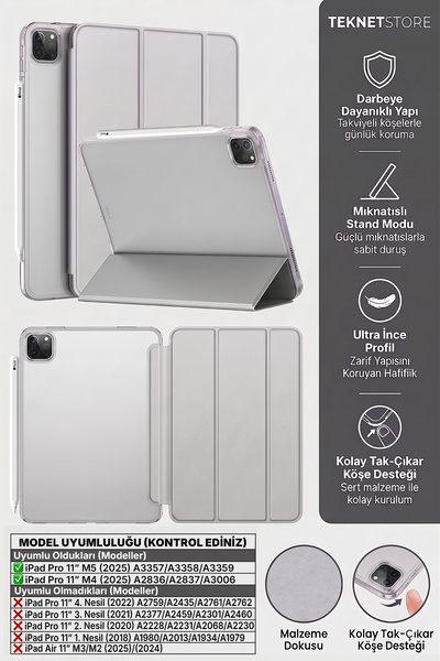 TEKNETSTORE İPad Pro 11 İnç M5 M4 2024 / 2025 Uyumlu Kılıf Ultra İnce Standlı...