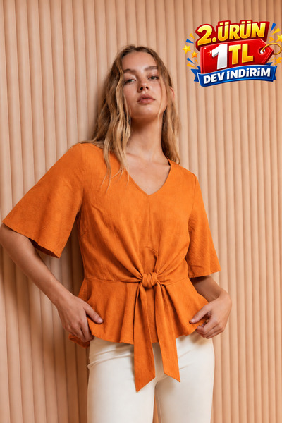 DAMGA JEANS Bluză elegantă portocalie spaniolă cu șireturi pentru femei
