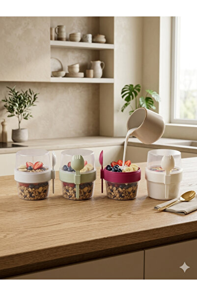 4’lü Set Çatallı Kaşık Atıştırmalık Yemek Yoğurt Müsli Diyet Kabı Taşınabilir Pratik 400 ml Saklama Kabı Kaşıklı