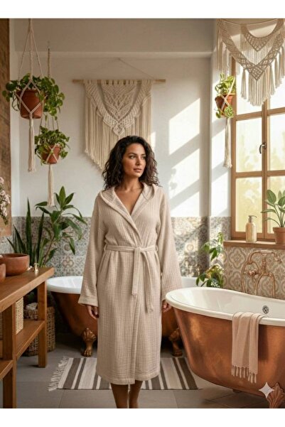 Afil Collection %100 Pamuk 4 Kat Müslin Bornoz Unisex Kapüşonlu Yumuşak Dokulu