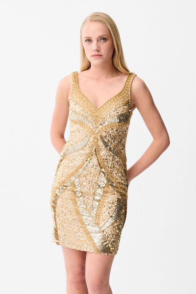 Love My Body Gold V Yaka Kısa Elbise