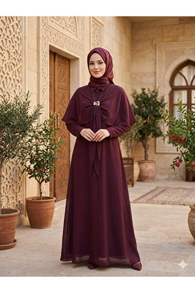 Sevitli Brooch Detailed Cape Style Hijab Dress-Mürdüm