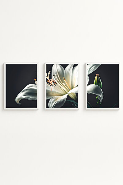 huhuli Set de picturi moderne cu 3 piese, cu model floral și ramă din lemn al...