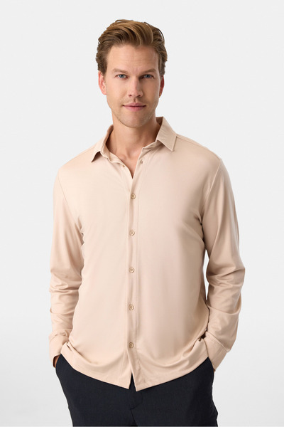 Back And Bond Regular Fit Button Collar Beige Shirt