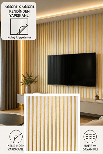 Renkli Duvarlar Yapışkanlı Gold Beyaz Akustik Esnek 3D Lambiri 68x68cm Ofis S...