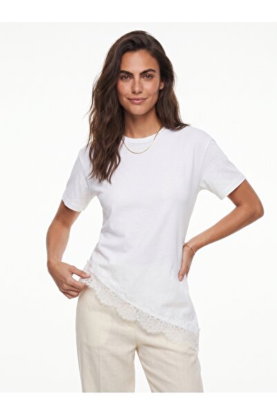 ONLOOX White Soft Fabric Short Sleeve Comfortable Fit Asymmetrical Cut Lace D...