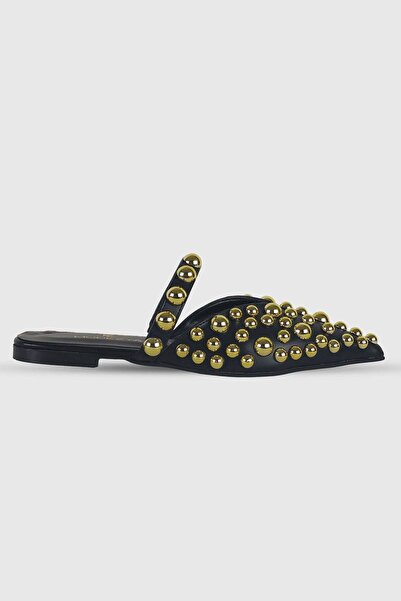 Modezya Papuci de damă Anna Black Matte Trok Detail cu talpă plată