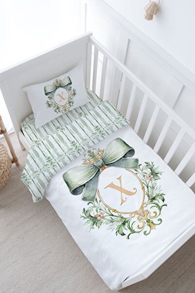 Tuğba Kuğu Baby Size Duvet Cover Set (100X150) - Green Royal Series - Letter X