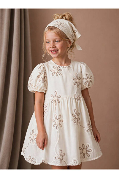 Kidmark Çocuk Modası Girl's Embroidered Beige Dress (Bandana Included)