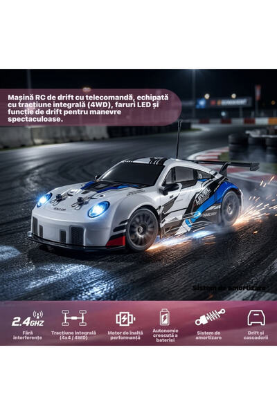 DrKala Mașină RC cu telecomandă, design Porsche, mașină de drift 1:24, 4x4, 20 km/h, LED-uri, baterii reîncărcabile, anvelope interschimbabile, albă