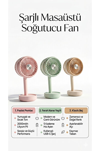 HGROUP Şarjlı Katlanılabilir Mini Fan Masa Üstü Vantilatörü Usb Soğutucu Sess...