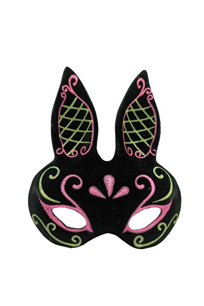 naque Black Color Pink Gold Glitter Black Suede Covered Rabbit Mask 18x16 cm