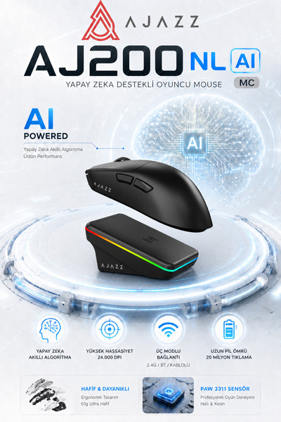 Ajazz Aj200P NL AI Yapay Zeka Sesli Komut Destekli Near-Link Kablosuz Şarj St...