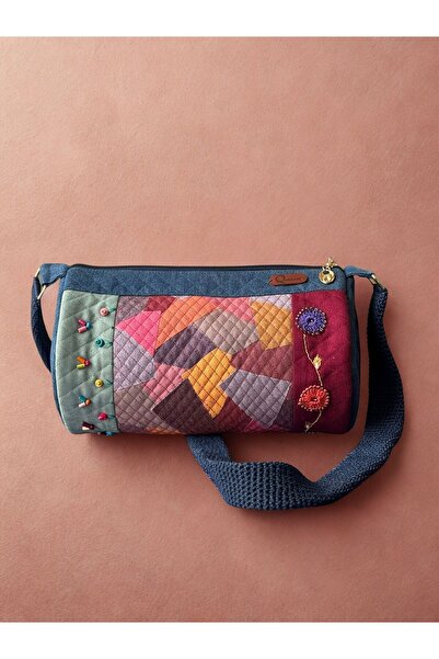 QuZeLLiK Bohem Renkli Patchwork El Nakışlı Boncuklu Denim Silindir Çanta