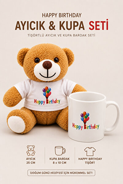 Yenilig Happy Birthday Tişörtlü Peluş Ayıcık ve Kupa Bardak Seti Doğum Günü Hediye Seti