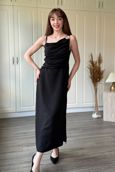 Dilay Gökoğlu Butik Linen Shoulder Accessory Detailed Slit Midi Dress