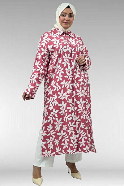 Eslina 68045 Büyük Beden Kolu Kıvırma Detaylı Mango Tunik - Yaprak Desen Pembe