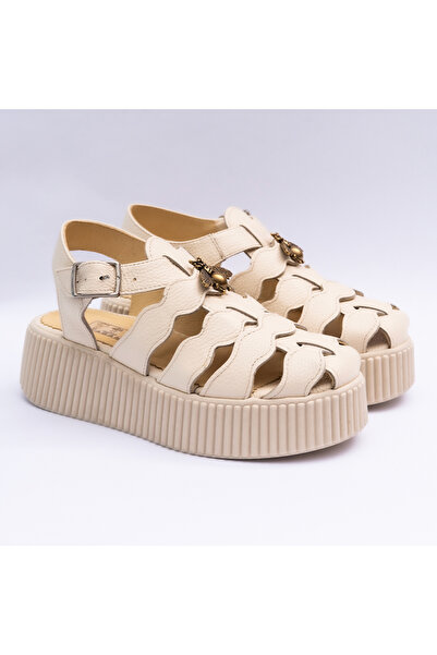 VAGAM Women's Sandals Made of Natural Leather , Cream Buffalo