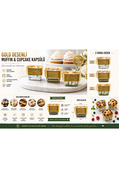 Derwell Gold Desenli Dikdörtgen Muffin & Cupcake Kapsülü – 3 Farklı Desen – F...