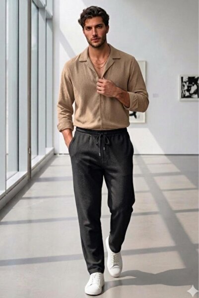 NO 601 Men's Beige Crepe Fabric Shirt and Black Crepe Trousers Set