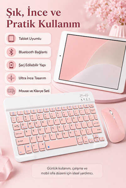 Zilvana Ultra İnce Bluetooth Pembe Klavye Mouse Seti Tablet & Laptop İçin
