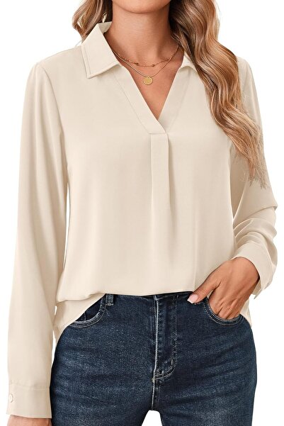 Beluring Women's Long Sleeve Shirt, Elegant V-Neck Long Sleeve Blouse, Solid ...