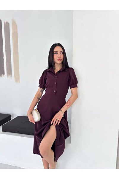BLUSS Women's Balloon Sleeve Belted Flared Midi Dress