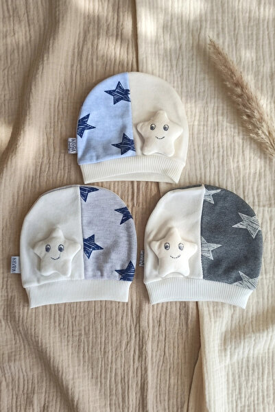 DYZSTAR 3-Pack 100% Cotton 3D Star Figured Two-Color Baby Beanie - Soft Textu...