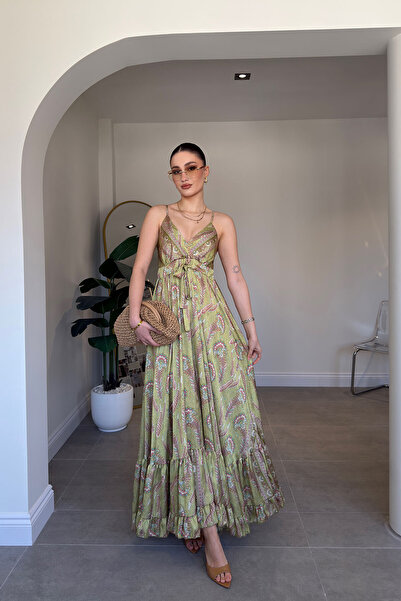 MAGARDE Rochie din satin cu bretele și model etnic premium - VERDE