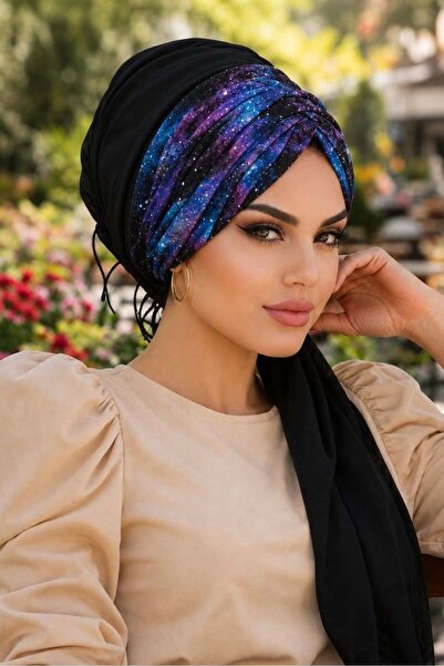 Aişe tesettür Navy Blue Galaxy Patterned Ready-To-Wear Shawl