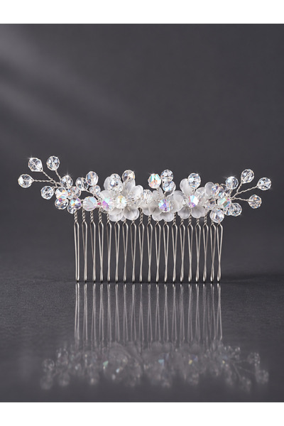 Pretty Kristal Çiçekli El Yapımı Gelin Saç Tarağı