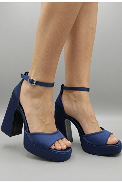 ŞAH Navy Blue Satin Open-Front 10 cm Heeled Engagement Wedding Evening Dress ...